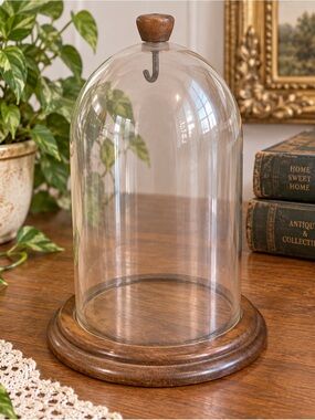 Vintage Plastic Display Cloche with Wood Base & Knob – Decorative Dome